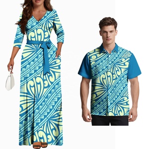 Ensemble Tribal Polynésien pour Couple : Chemises Décontractées à Manches Courtes pour Hommes Samoans et Robes de Plage Hawaïennes Assorties pour Femmes – Tenues Coordonnées pour <span class=keywords><strong>Amoureux</strong></span> - Product Image 1