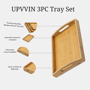 Ensemble de 3 plateaux de service en bambou pour le petit-déjeuner, pour lit, <span class=keywords><strong>canapé</strong></span> et divan, tailles grande, moyenne et petite - Product Image 3
