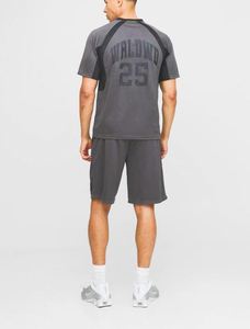 Black Breathable Summer Casual Printed Varsity Mesh <b>T</b>-Shirt and Short Set Athletic <b>Track</b> Suit 2-Piece with Front Logo - Product Image 4