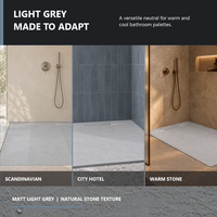 Receveur de douche rectangulaire gris clair en BMC avec drain linéaire dissimulé, texture pierre naturelle et surface antidérapante DIN 51097 Classe C