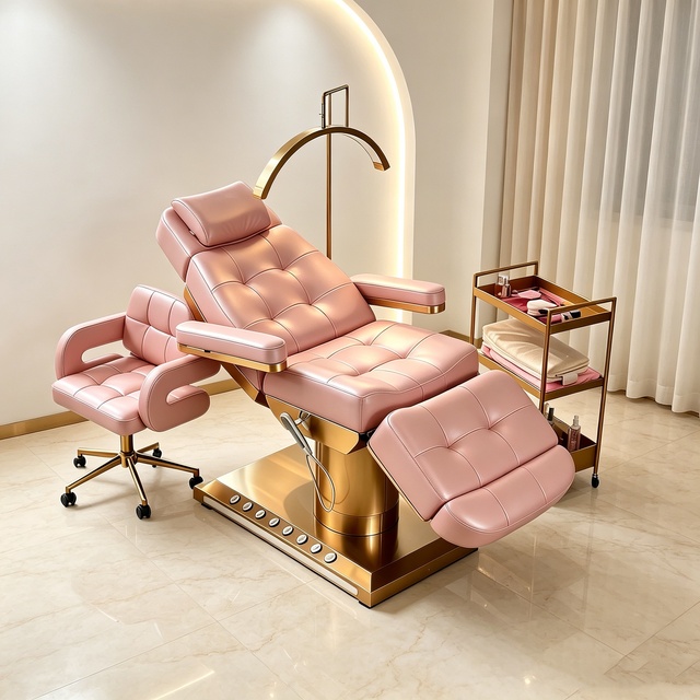 RJ Multi Functional Golden Stainless Steel Base Beauty Salon Massage Bed, Electric Bending Care Facial Eyelash Beauty Bed Lash B