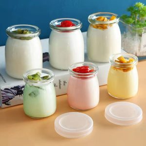 Food <b>Container</b> Yoghurt Milk Borosilicate <b>Glass</b> Pudding Jar Wholesale with Plastic Lid Silk Screen Printed Smooth Surface - Product Image 5