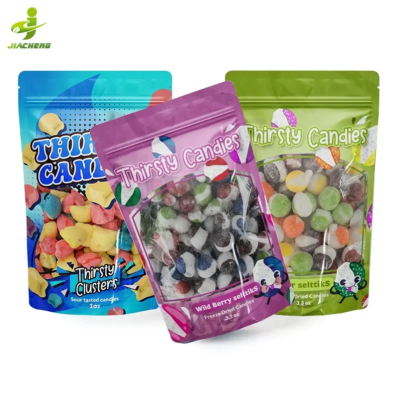 Custom printed aluminum foil freeze dried skittles candy doypack stand up pouch food packaging mylar bags with clear window