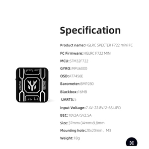 <span class=keywords><strong>HGLRC</strong></span> SPECTER <span class=keywords><strong>F722</strong></span> มินิ MPU6000 ไจโร HD/VTX ฟรีสไตล์/เรซซิ่ง FPV FCFXB - Product Image 1