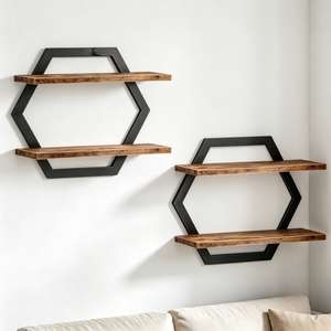 Paquete de 2 Estantes de Pared Hexagonales de Madera y Metal, Estantes Flotantes para Decoración de Pared para Dormitorio, Sala de Estar, Jarrones, Soporte para Plantas - Product Image 1