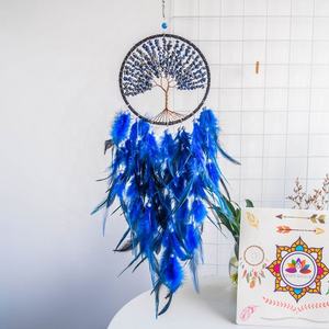 Attrape-rêves bleu rose violet en plumes fait à la main avec arbre de vie en cristal d'améthyste et de quartz rose - Product Image 1