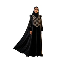 Robe longue noire à col en V et manches longues avec broderie dorée, Abaya Kaftan ample, style Dubaï, pour femmes musulmanes, modeste, personnalisable OEM/ODM