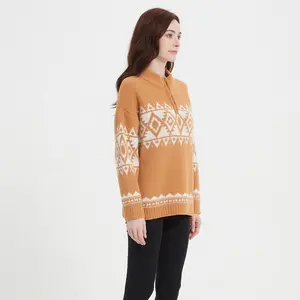 Suéter estampado azteca de manga larga más barato en stock 1/4 con cremallera suéteres cálidos de talla grande para mujer
