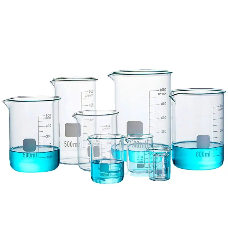Cristalería de laboratorio al por mayor, vaso de medición, vasos de precipitados redondos resistentes al calor para ciencia de laboratorio