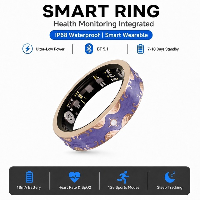 Smart Ring Wearable BT IP68 Heart Rate Blood Pressure Oxygen Sleep Stress Monitor Remote Camera Women Health Tracker