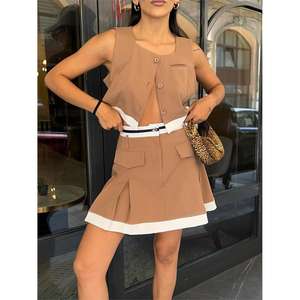 Beige Striped Vest and Tennis Skirt Set Casual Daily Cardigan and Top Long Solid <b>Print</b> Fabric Viscose <b>Material</b> - Product Image 1