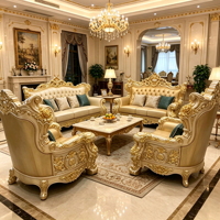 Ensemble de canapés en cuir classique en bois massif sculpté à l'or européen de luxe sur mesure pour le salon