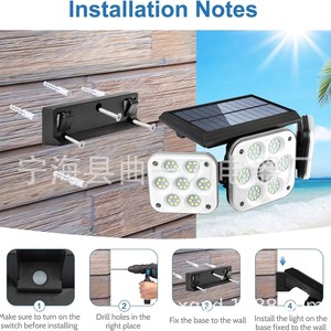 Solar Powered Folding LED Three Head Lamp With <b>Motion</b> <b>Sensor</b> For Outdoor Courtyard And Home Use - Product Image 3