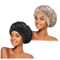 Bonnet de nuit en polyester imitation soie satinée pour femmes et enfants, couleur noire unie, grand et large, doux, pour cheveux bouclés