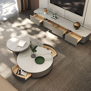 Mesa de centro de losa de roca moderna italiana combinación de tamaño redondo con cajones diseñador creativo sala de estar mesa de centro para el hogar