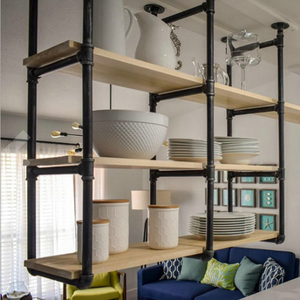 औद्योगिक मचान शैली दीवार घुड़सवार पाइप शेल्फ के साथ लकड़ी के लिए अस्थायी रैक घर की दीवार सजावट - Product Image 5