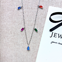 Arc-en-ciel carré Zircon moyen poire forme goutte d'eau pendentif collier femmes 925 collier en argent Sterling