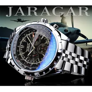 Jaragar 1144 Montre-bracelet mécanique d'affaires pour hommes Design en verre bleu Noir Argent Horloge de date automatique Lumineux Inoxydable Creux - Product Image 2