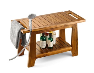 Premium Portable Modern Teak Shower Bench <b>Towel</b> <b>Rack</b>-Durable Hotel Bathroom -Stool Spa Storage Relaxation Natural <b>Wood</b> Grain - Product Image 1