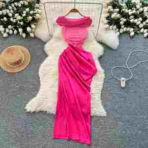 Robe midi plissée évasée en satin tissé respirant et durable à col rabattu avec fente, style tunique, pour femme, avec patchwork en maille et coupe Empire, idéale pour l'été - Product Image 1