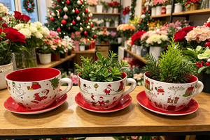 Tazza da tè e piattino natalizi in ceramica smaltata, vaso <span class=keywords><strong>per</strong></span> piante con grazioso motivo Babbo Natale e pupazzo di neve, con drenaggio, decorazione <span class=keywords><strong>per</strong></span> giardino e casa - Product Image 5