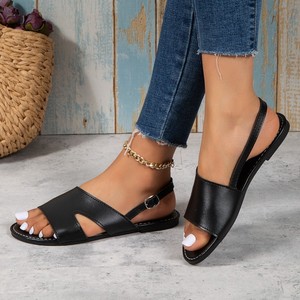 Sandales plates à bout ouvert pour femmes, découpées, à bride unique avec boucle à la cheville, grandes tailles, décontractées, pour la plage - Product Image 2