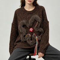 Nouveau pull décontracté Tyan en laine tricotée à manches longues, orné de fleurs et de sequins, en fausse fourrure de renard pour femme