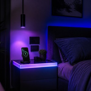Mesita de Noche Inteligente con Luz Ambiental LED RGB, Carga Inalámbrica Qi de 15W, Chapa de Nogal Oscuro, Control por Aplicación, CARB P2 - Product Image 2