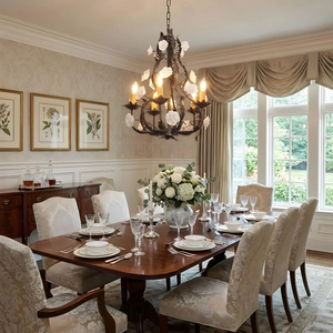 Lampadario in Stile Country Francese per Soggiorno e Hotel, Decorazione in Ferro Scuro con Ceramica Bianca, Lampadario Florentino a Rosa - Product Image 4