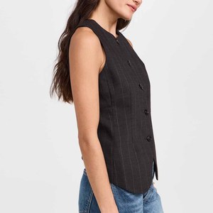 Produttori di abbigliamento personalizzato primavera estate autunno stampa gessata senza maniche abbottonatura a bottone girocollo - Product Image 3