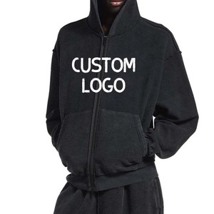 Nouvel Arrivage – Sweat à Capuche Décontracté pour Homme avec Logo Personnalisé, Fermeture Éclair, Noir Délavé, Automne-Hiver, Coton Lourd et Ample - Product Image 6