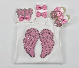 Rompers Long Sleeve Bamboo Bubble Wholesale Custom Clothes Modern 4 Pieces Pink Angel Baby Girl Romper Set Baby Shoes Baby Gift