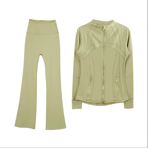 Ensemble de survêtement de yoga 2 pièces <span class=keywords><strong>LULUS</strong></span> pour femme – Veste de jogging unie et pantalon évasé à taille élastique avec fermeture éclair avant et manches longues – Collection Printemps - Product Image 1