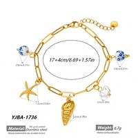 Bracelet en acier inoxydable avec breloques étoile de mer et coquillage, perles en céramique florales bleues, plaqué or 18K PVD, étanche, bijoux d'été