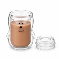 Tasse en verre borosilicate soufflé à la main en forme d'ours, à double paroi isolante, avec couvercle en forme d'ours, design bicolore, pour thé au lait et café