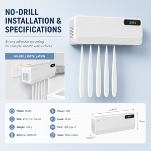 Support mural intelligent pour brosse à dents avec stérilisateur UVC, support de stérilisation pour brosse à dents électrique avec affichage numérique et chargement USB - Product Image 6