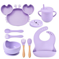 Ensemble d'alimentation pour bébé en silicone 9 pièces avec assiette en forme de crabe, bavoir, gobelet à paille, bol à ventouse, ustensiles |   Vaisselle sans BPA pour les tout-petits