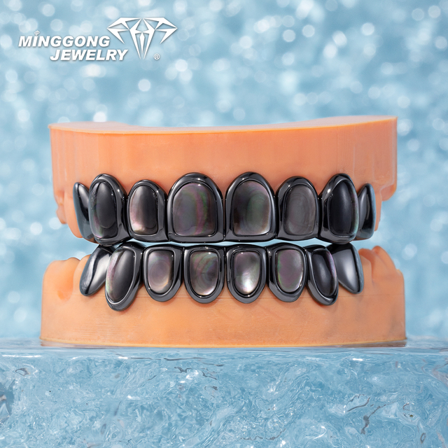 Custom Hip-Hop Fashion Design 925 Silver 10K 14K 18K Gold Fine Jewelry Black Shell Teeth Grillz