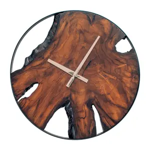 Rustic Wood Wall Clock - Unique Modern Live Edge Teak Dial with Large Black Metal Frame, Silent Non-Ticking Living Room Decor