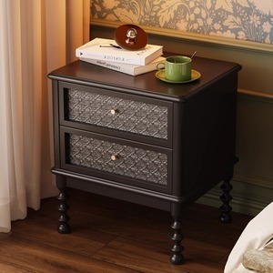 Vintage Black Solid Wood Nightstand With Two Drawers Bedroom Storage <b>Cabinet</b> Assembled Ready To Use - Product Image 4