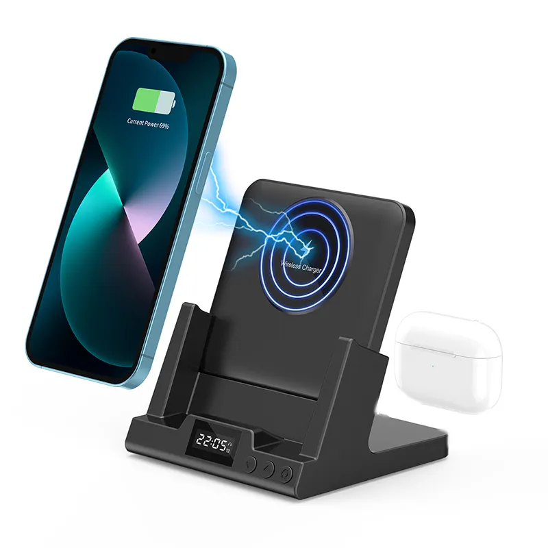 Creative Wireless Charger Station Clock Time Light Alarm Clock Fast Charger Mobile 3 In 1 Wireless Charger