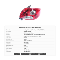 Feu arrière de rechange (OE 6350FX 6351FX) pour Peugeot 206 2009-2010 – Feu stop et clignotant de recul