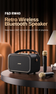 Enceinte sans fil rétro 40W avec 2 micros, système de karaoké portable en bois, autonomie de 20h, audio pour fêtes à domicile, basses profondes, vente en gros - Product Image 2