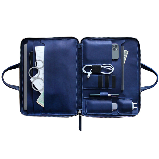 Genuine Leather Zipper Folding Tech Accessory Organizer Bag Simple Style Foldable Laptop Sleeve Briefcase with Tactical Function