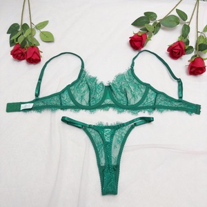Conjunto de lencería de encaje verde para mujer, conjunto de sujetador push-up transparente y bragas, lencería semitransparente para mujer, conjunto de lencería de talla grande. - Product Image 4