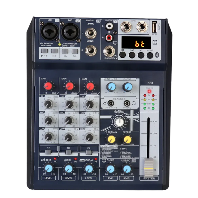 DE8 Professional DJ Sound Controller with 16 Bit DSP Soundcard for PC Recording 8 Channel Usb Audio Mixer