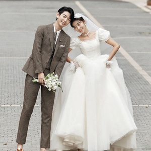 Wedding Dress Square Collar Natural Waist Off White Simple Style For Brides Wedding Day Travel Photography - Product Image 4