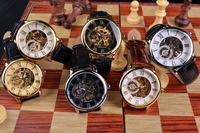 Montre mécanique squelette en cuir avec logo 3D gravé, boîtier noir et or, pour homme, luxe, nouvelle collection, livraison directe