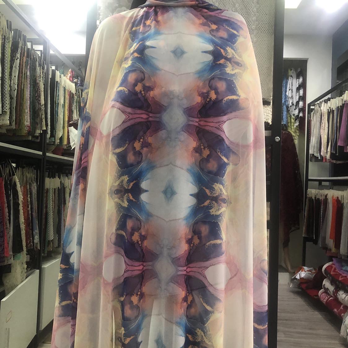 New design polyester spandex digital printed tie dye 4 way stretch power mesh fabric for girls dress