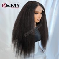 KEMY HAIR Perruque Synthétique Raide Kinky Améliorée Extension de Cheveux Synthétiques Mélangés Perruque Raide Yaki avec Dentelle HD 4*6 pour Femmes Noires